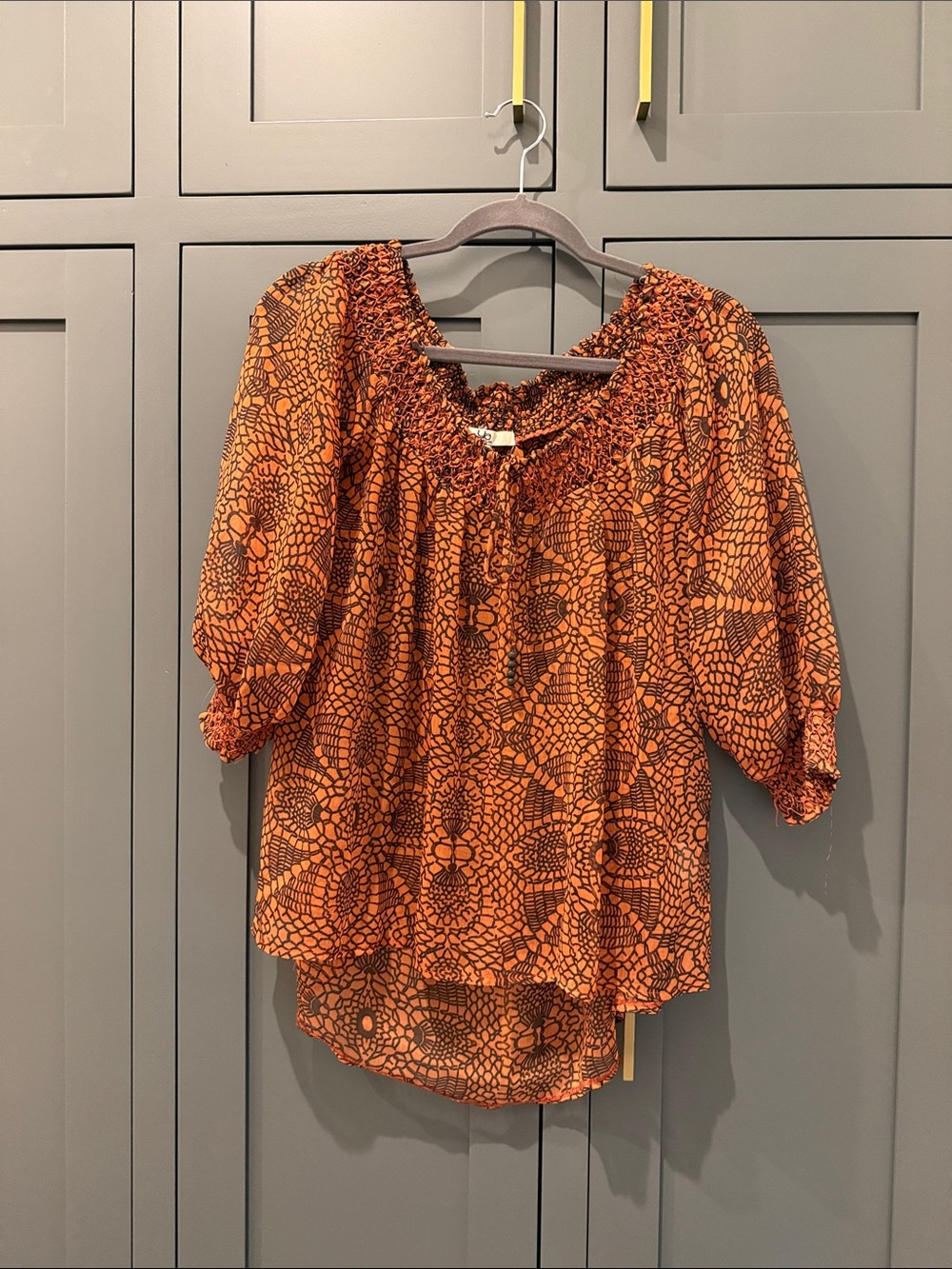 Anthropologie Orange Floral-Print Smocked Peasant Blouse